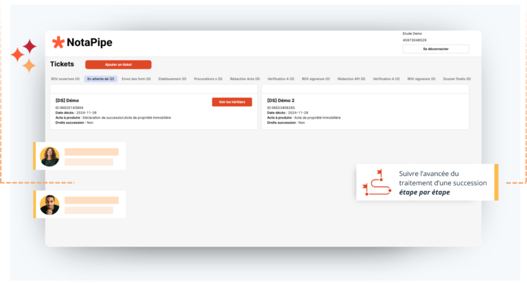 CRM succession; Gestion succession; Logiciel gestion notaires; Centralisation des documents; Outil collaboratif notarial; Sécurisation des échanges notaires; Plateforme succession; Suivi succession étape par étape; Gestion collaborative succession; Outil pour notaires; Gestion des démarches succession; Optimisation des dossiers notariaux; Suivi des échéances succession; Centralisation des contacts succession; Coordination des parties prenantes; Sécurité des données succession; Confidentialité dossier notarial; Plateforme cloud notaires; Solution SaaS notariat;